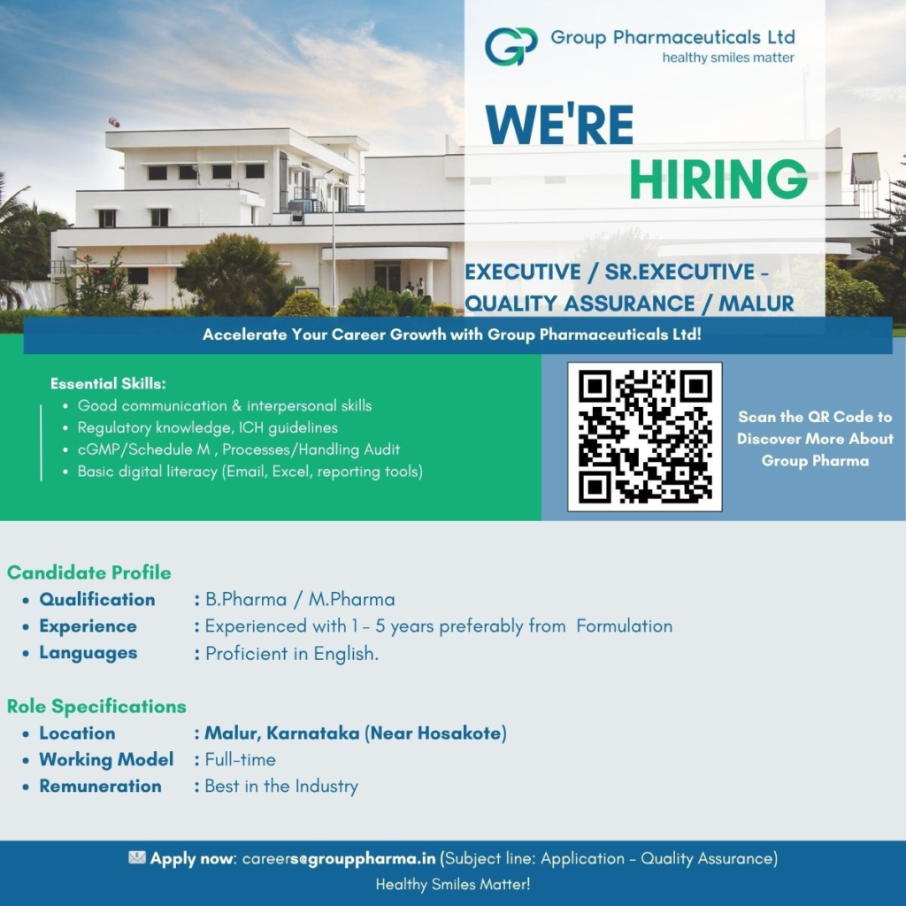 Group Pharmaceuticals - Hiring B.Pharm, M.Pharm Candidates for Quality Assurance Roles
