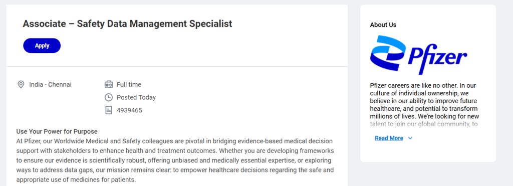 Pfizer is Hiring a Safety Data Management Specialist in Chennai