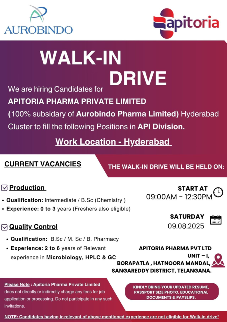 Freshers Openings @ Apitoria Pharma Walk-in Drive for Production and Quality Control Roles on August 9, 2025