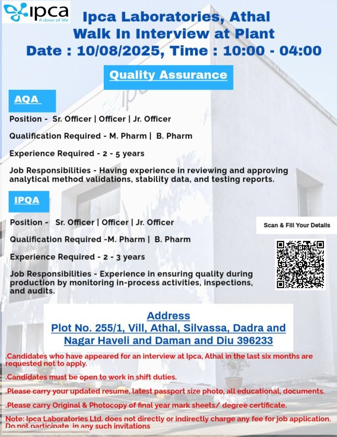 Ipca Laboratories Walk-in Interview for Quality Assurance Roles on August 10, 2025