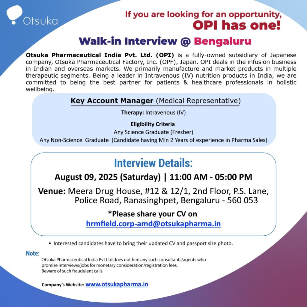 Otsuka Pharmaceutical Walk-in Interview for Key Account Manager in Bengaluru on 9th August