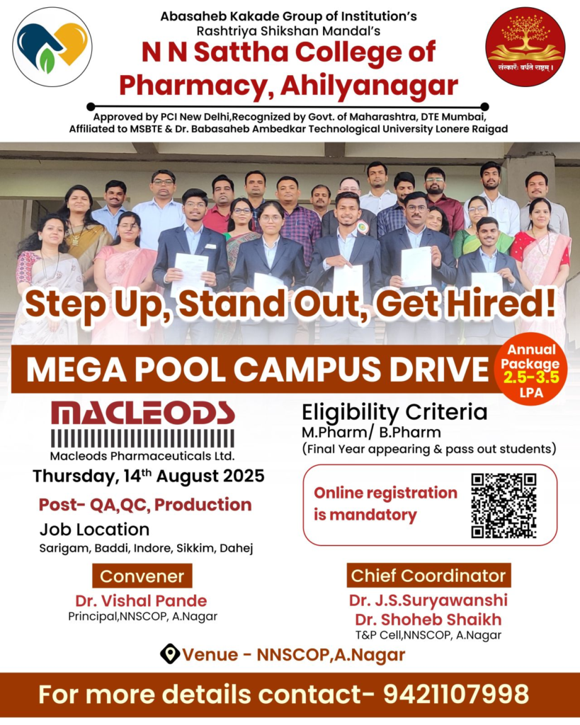 Mega Pool Campus Drive 2025 at N.N. Sattha College of Pharmacy - Join Macleods Pharmaceuticals on 14th August
