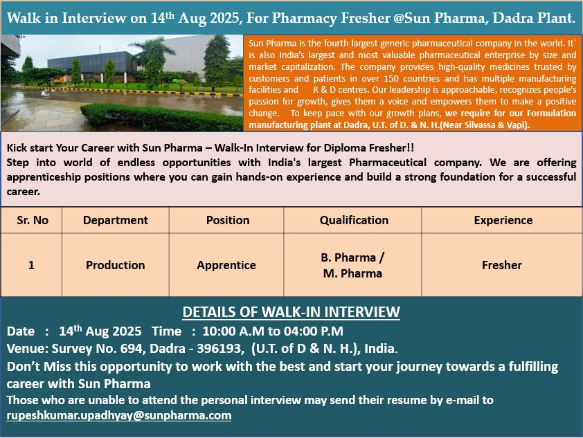 Sun Pharma Walk-In Interview for Pharmacy Freshers on August 14, 2025