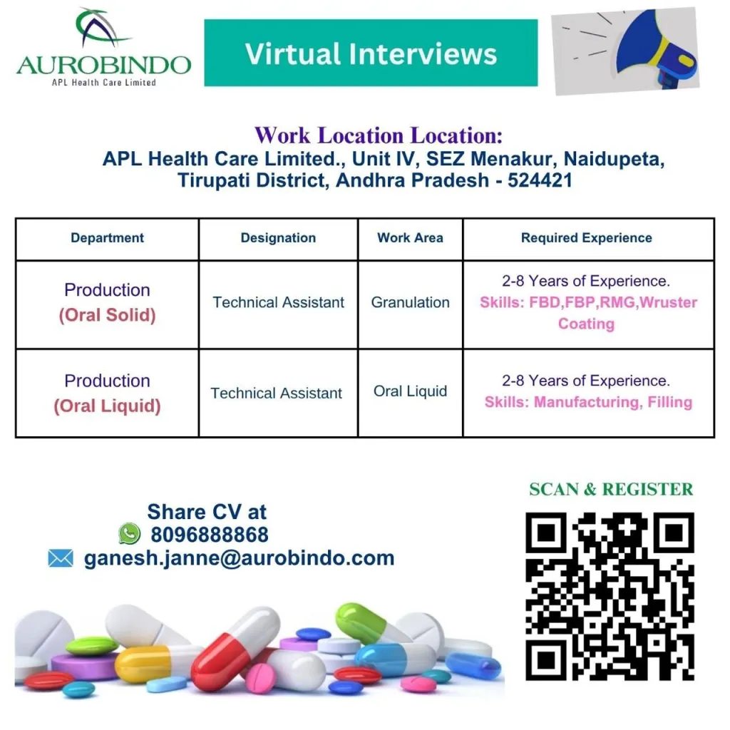 Aurobindo Pharma - Virtual Interviews for Technical Assistant Roles on August 10, 2025