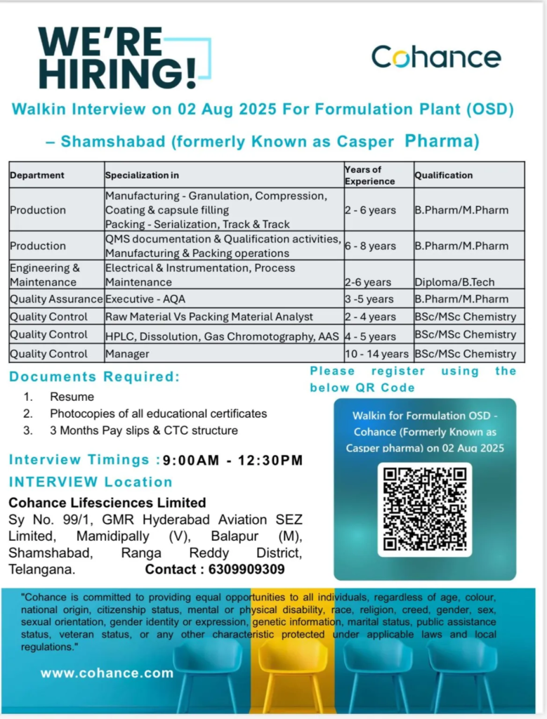 Cohance Lifesciences - Walk-In Interview for OSD Formulation Roles on 2nd August 2025
