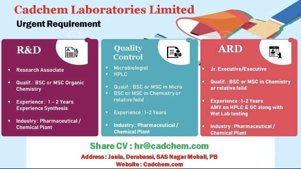 Cadchem Laboratories - Urgent Openings in R&D, Quality Control, and ARD in Mohali