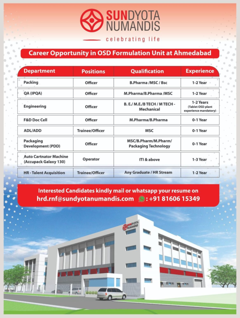 Sundyota Numandis - Hiring Freshers for Various Roles in OSD Formulation Unit in Ahmedabad