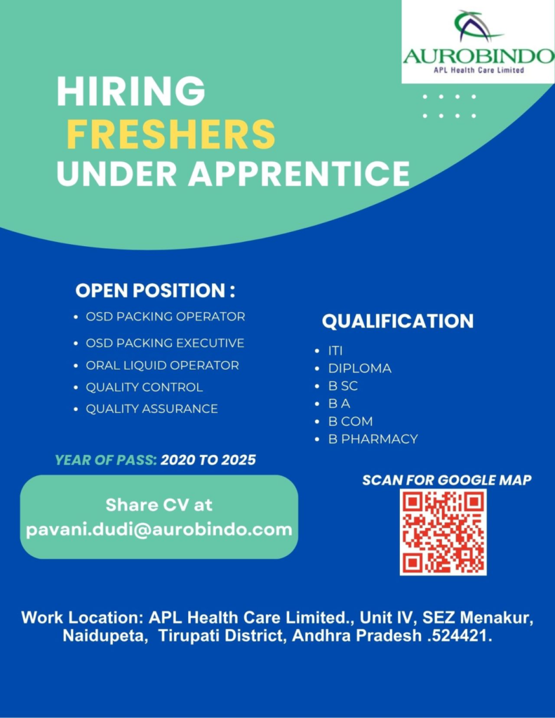Aurobindo Pharma Apprentice Opportunities for Freshers in Naidupeta
