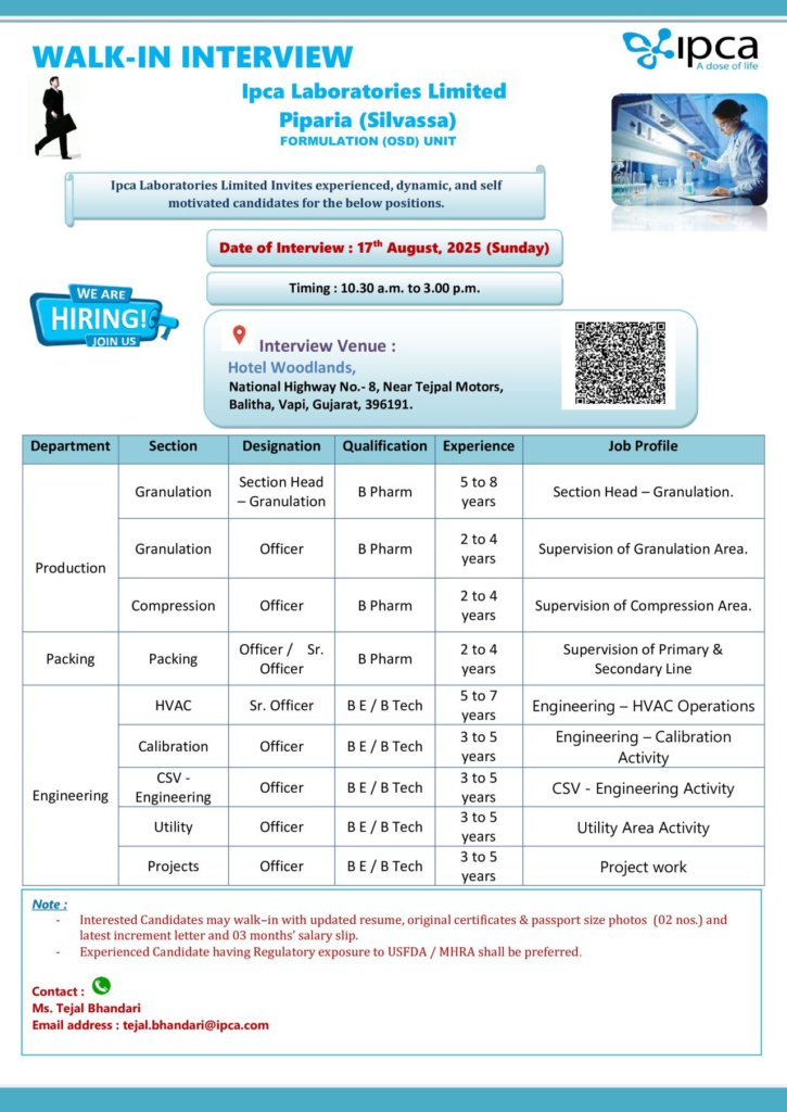IPCA Walk in interview for Multiple roles