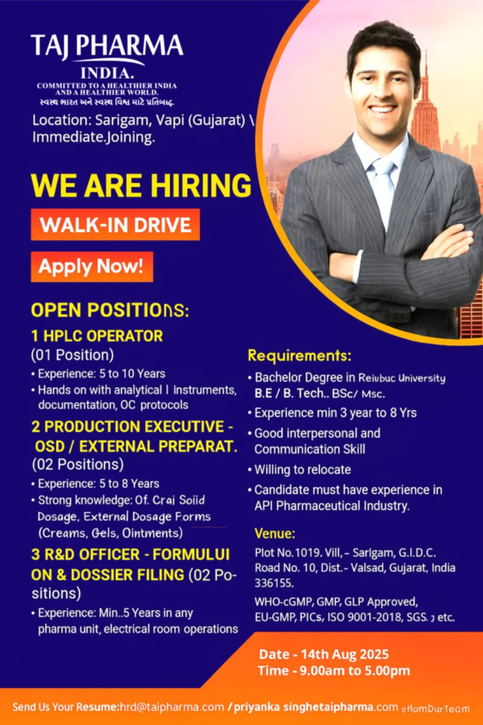 Taj Pharma India Ltd Walk-In Interview for Pharma Openings in Quality Control, Production, R&D, and Utility Roles on 14th August