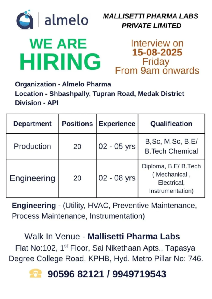 30+ Vacancies @ Almelo Pharma Walk-In Interview for Prodcution & Engineer Departments on 15th August in Medak