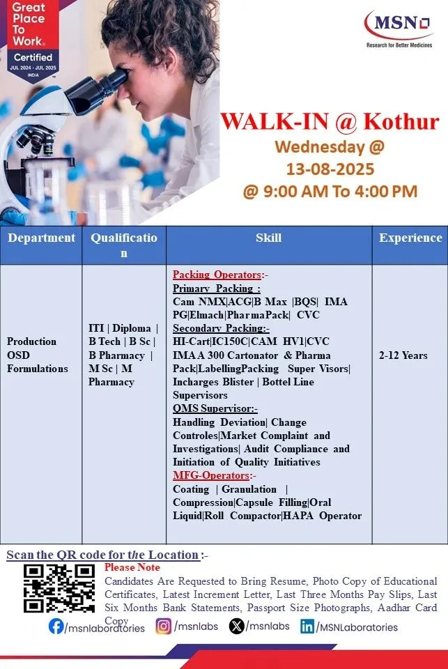 MSN Laboratories Walk-In Interview for OSD Careers on 13th August