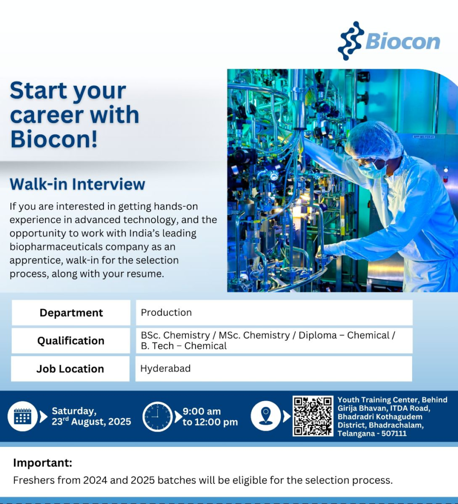 Biocon Announces Walk-In Interviews for Production Apprentices in Hyderabad