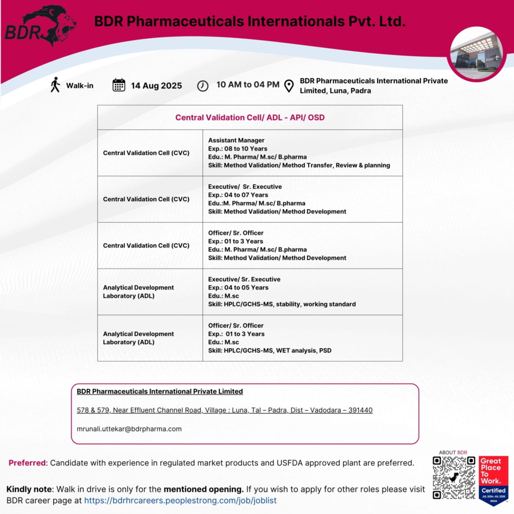 BDR Pharmaceuticals Announces Walk-In Drive for CVC and ADL Professionals in Vadodara on 14th August