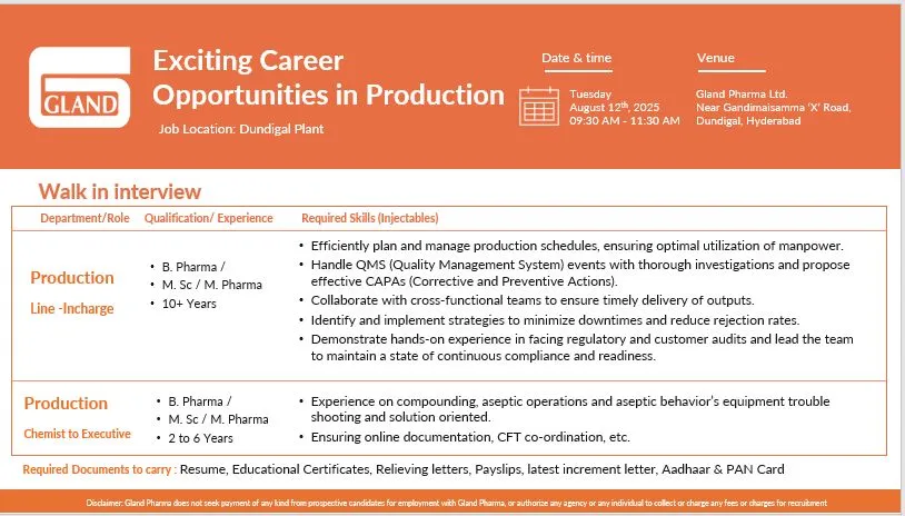 Gland Pharma Walk-In Drive for B.Pharma, M.Sc, M.Pharma Candidates in Production (Injectables) on 12th August