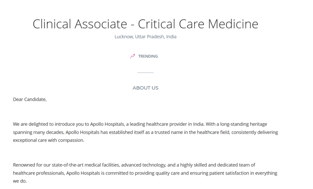 Apollo Hospitals Seeks Clinical Associate in Lucknow