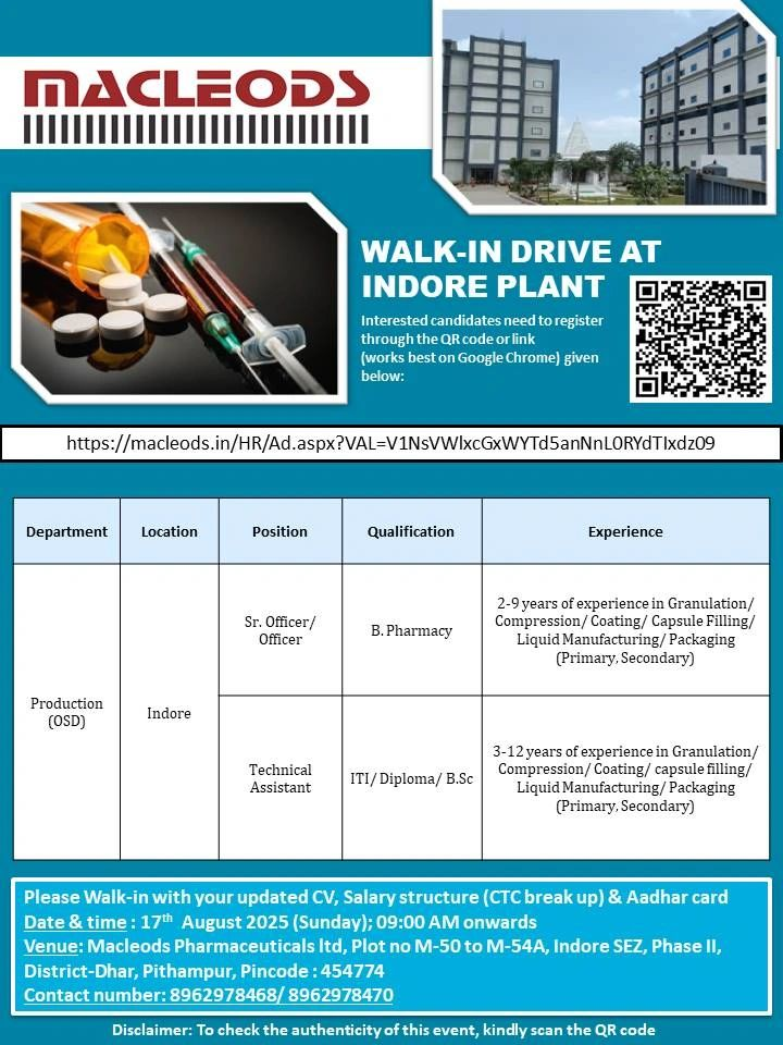 Macleods Pharma Walk-In Drive in Indore on 17th August