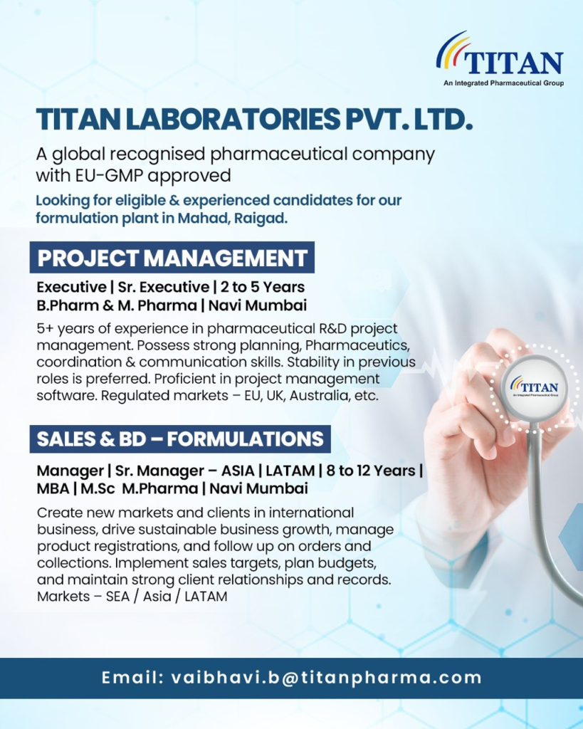 Titan Laboratories is Hiring for Regulatory Affairs - Executive/Sr. Executive