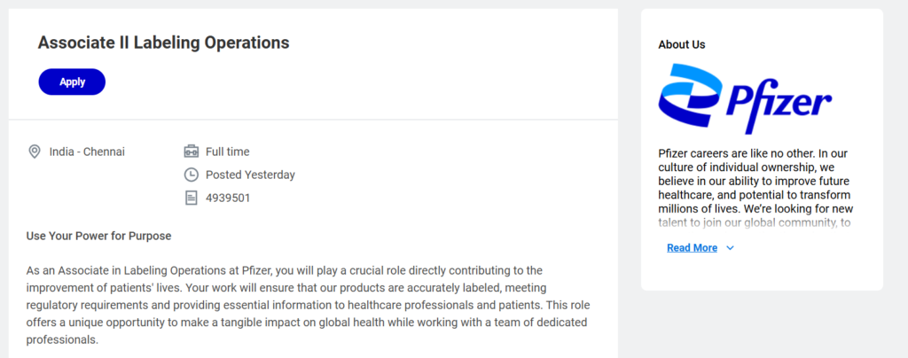 Pfizer is Hiring - Associate II, Labeling Operations in Chennai (0-2 Years Exp)