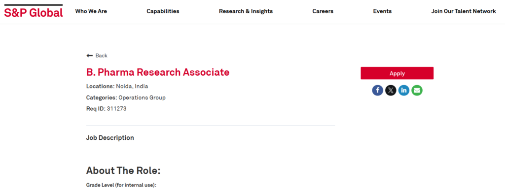 S&P Global is Hiring a B. Pharma Research Associate in Noida