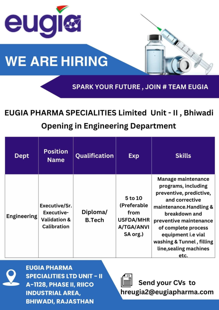 Eugia Pharma is Hiring for Various Roles in Bhiwadi