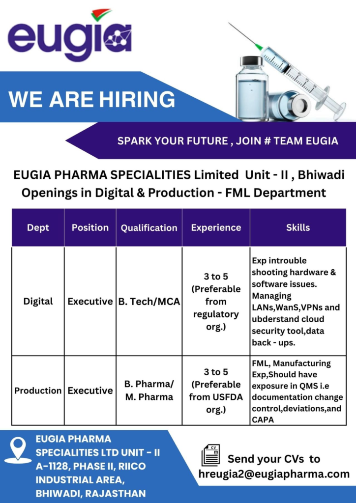 Eugia Pharma is Hiring for Various Roles in Bhiwadi