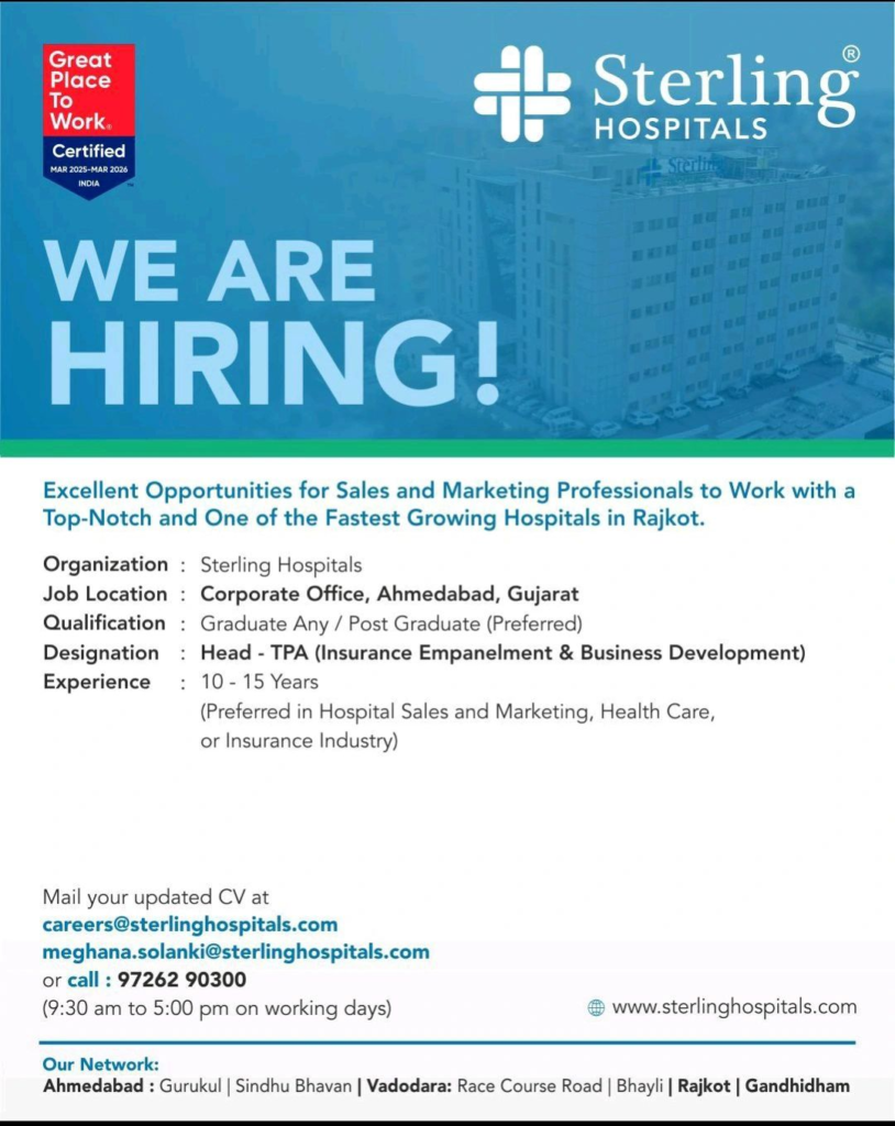 Sterling Hospitals is Hiring a Head of TPA in Ahmedabad