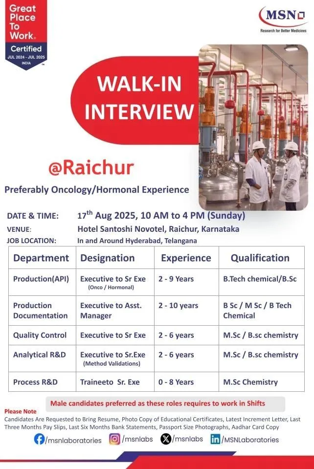 MSN Laboratories Walk-In Interview in Raichur! Join a Great Place to Work® (17th August)