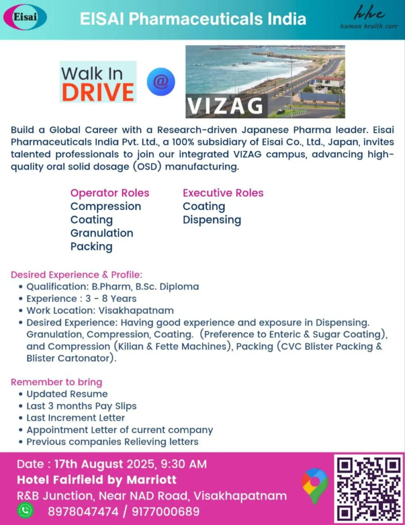 Eisai Pharma Walk-In Drive in Vizag (17th August)