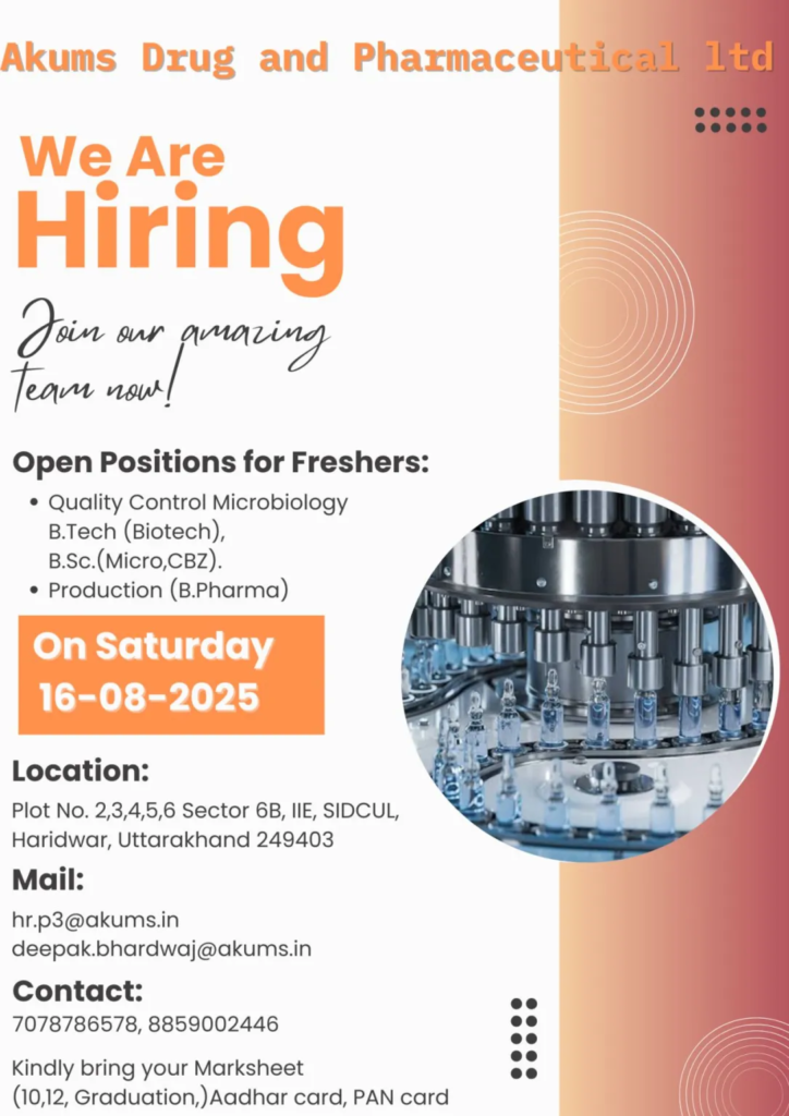 Akums Drugs & Pharmaceuticals is Hiring Freshers in Haridwar! (16th August)