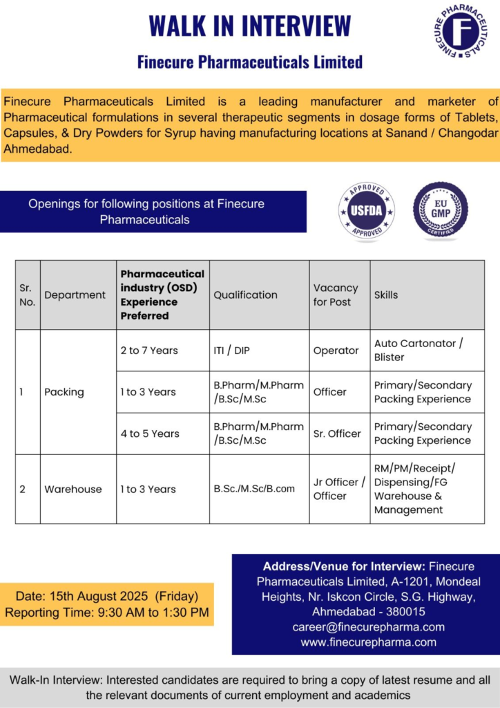 Finecure Pharmaceuticals Walk-in Interviews on 15th August