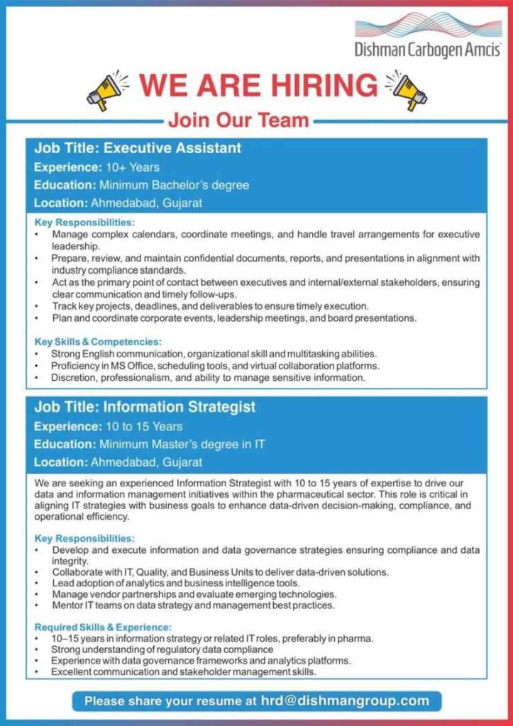 Dishman Carbogen Amcis Hiring for Information Strategist & Executive Assistant in Ahmedabad