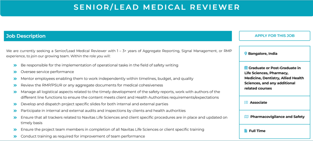 Navitas Life Sciences is Hiring a Senior/Lead Medical Reviewer in Bangalore