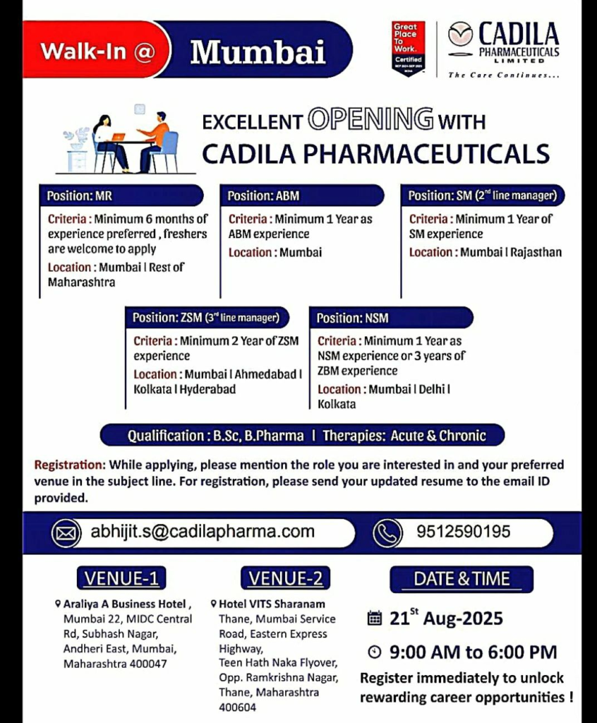 Cadila's Major Walk-In Drive for Medical Representative (MR) and Other Roles on 21st August (Mumbai)
