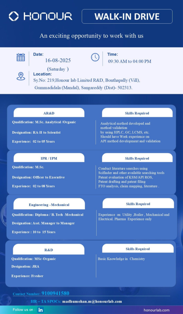 Honour Lab Walk-In Drive for R&D and Engineering Roles on 16th August