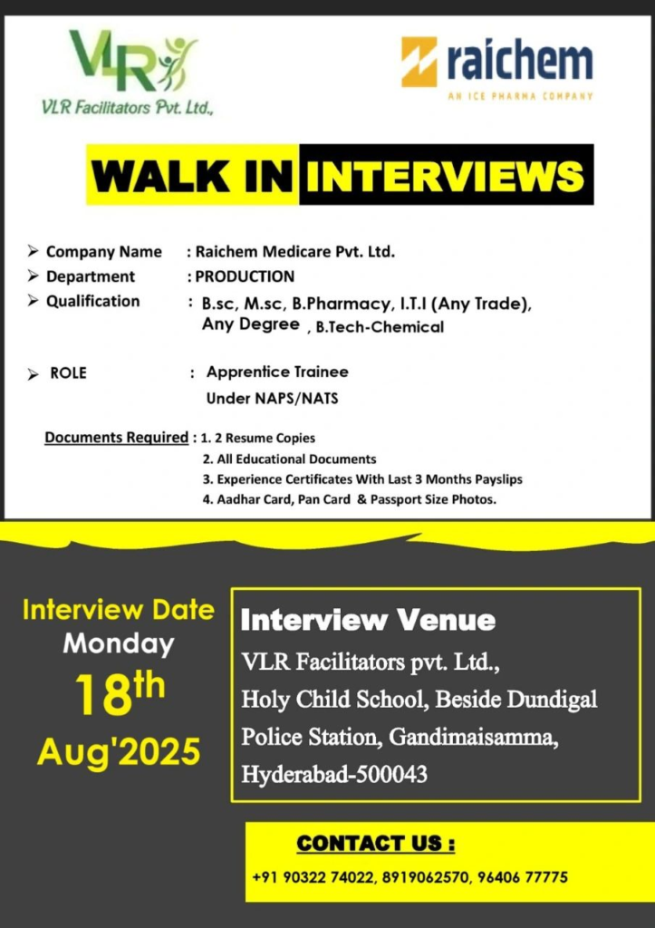 Walk-In Interviews in Hyderabad for Pharma Production 