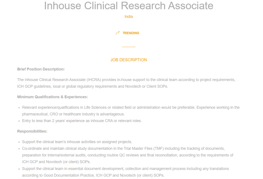 Novotech - Urgent Hiring Freshers for an Inhouse Clinical Research Associate