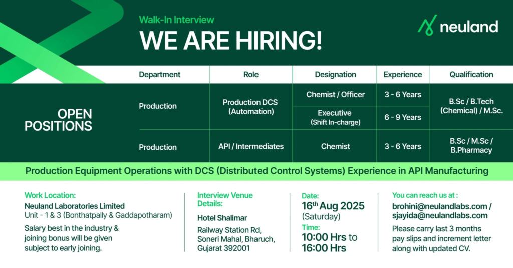 Neuland Laboratories Walk-In Interview for Production Roles on 16th July
