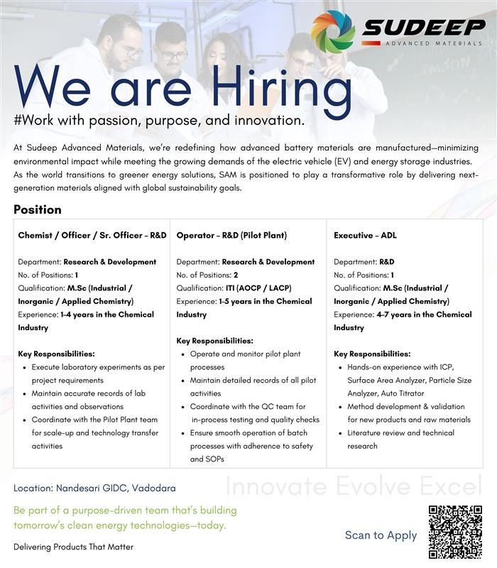 Sudeep Advanced Materials Hiring for Chemist, Officer & Sr. Officer - R&D
