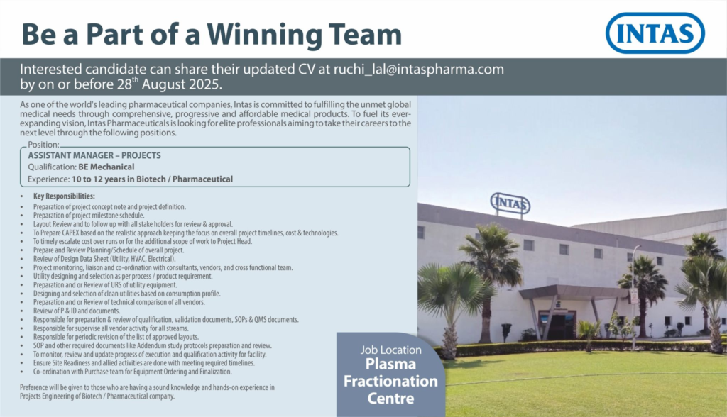Intas Pharma is Hiring for Assistant Manager-Projects