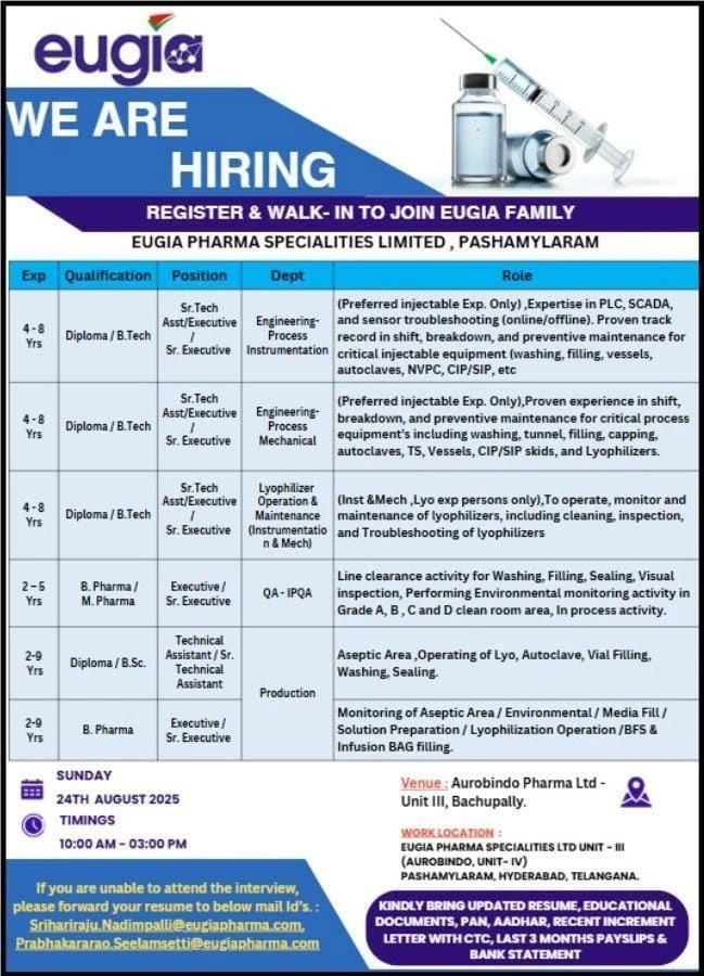 Eugia Pharma Walk-In Drive for B.Sc, B. Pharma, M. Pharma, Diploma, B.Tech Candidates on 24th August (Hyderabad)