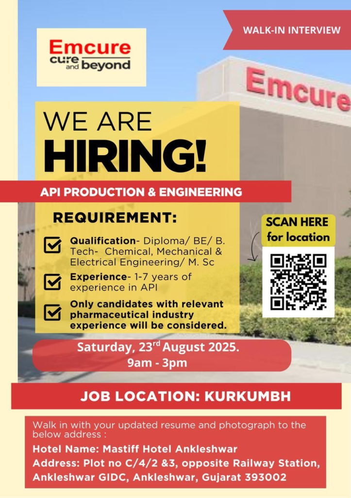 Emcure Pharmaceuticals Walk-In Interviews for M.Sc, Diploma, BE, B.Tech Candidates in API Production & Engineering on 23rd August