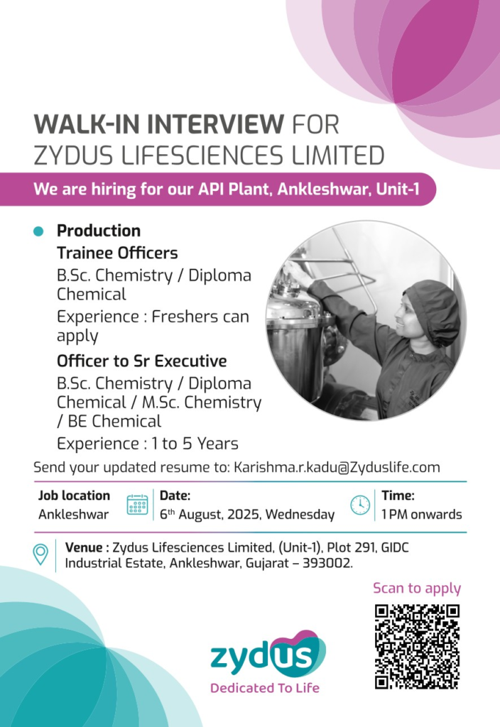 Walk-In Interview @ Zydus Lifesciences Limited for Freshers on 8th August