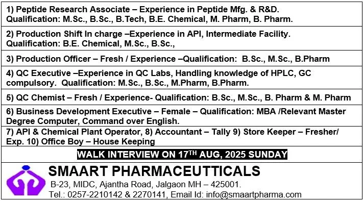 Walk-In Drive @ Smaart Pharmaceutticals - Multiple Openings for M.Sc., B.Sc., B.Tech, B.E. Chemical, M. Pharm, MBA or B. Pharm Candidates on 17th August