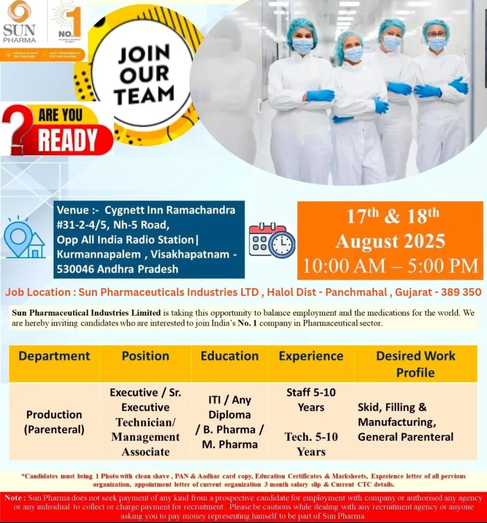 Sun Pharma Walk-In Drive for B. Pharma, M. Pharma, ITI and Any Diploma Candidates for Production (Parenteral) Department on 17th & 18th August