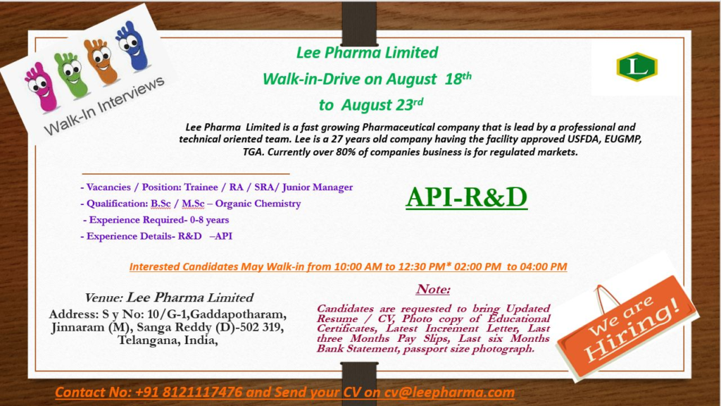 Mega Week-Long Walk-In Drive at USFDA-Approved Lee Pharma | API R&D Roles for Freshers to Jr. Managers | Aug 18-23
