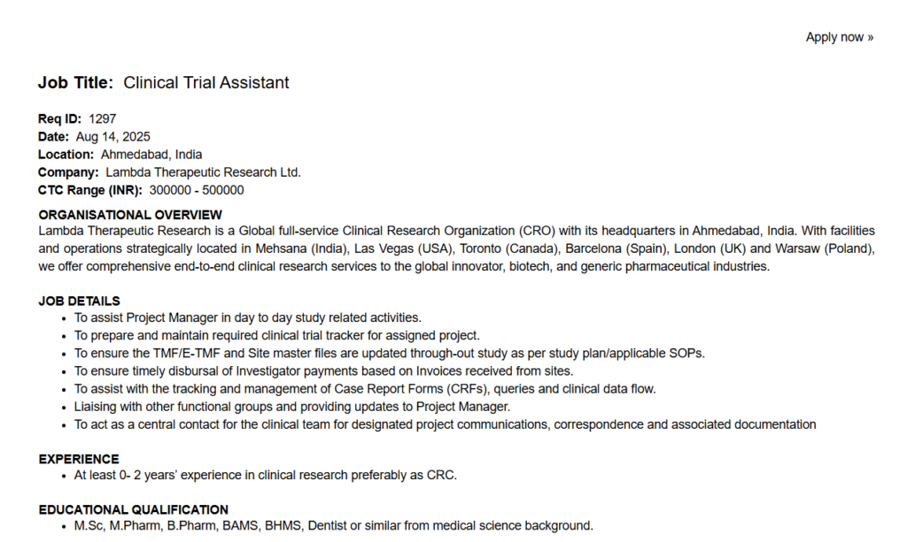 Lambda Therapeutic Research Hiring Freshers as Clinical Trial Assistant