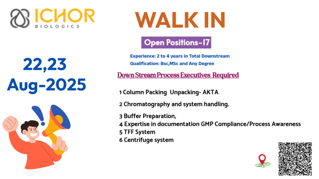 ICHOR Biologics Walk-In Drive for B.Sc / M.Sc / Any Degree Holder in Production on 22nd & 23rd Aug’ 2025