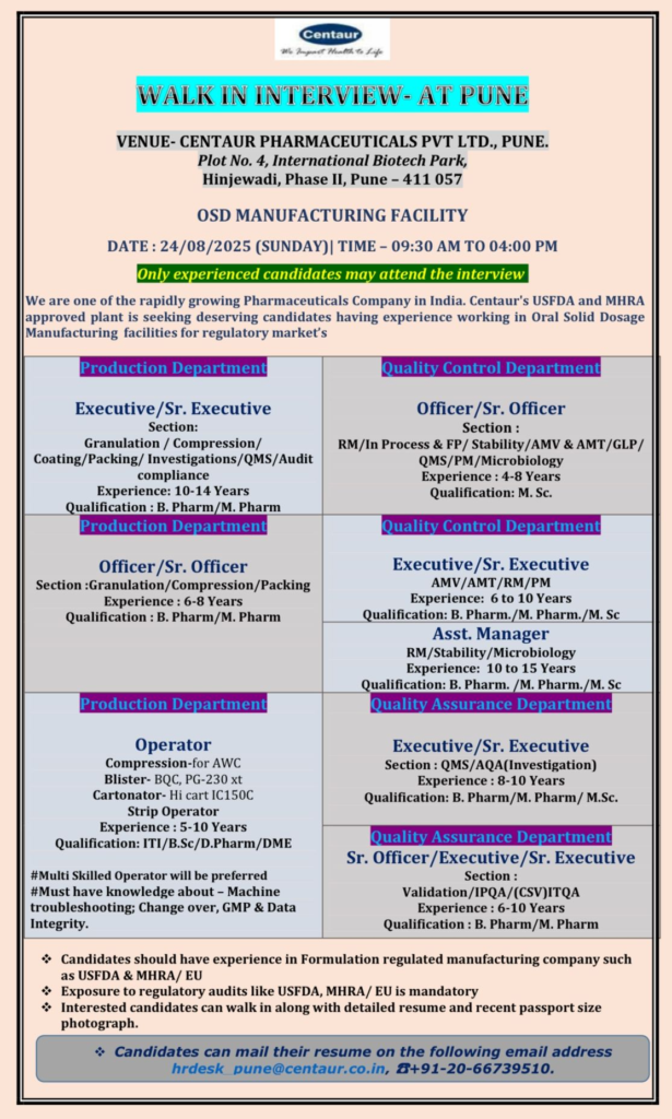 Major Walk-In Interview @Centaur Pharmaceuticals in Pune for Experienced Pharma Professionals on 24th August