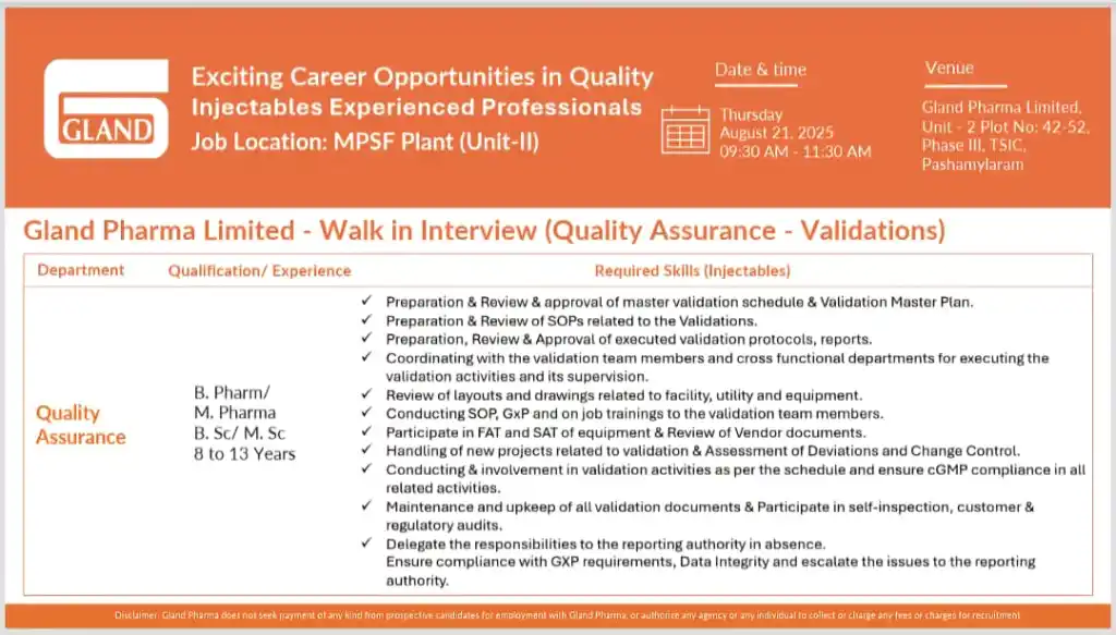 Gland Pharma Ltd. Announces Walk-In Interview for Quality Assurance Professionals in Pashamylaram on 21st August